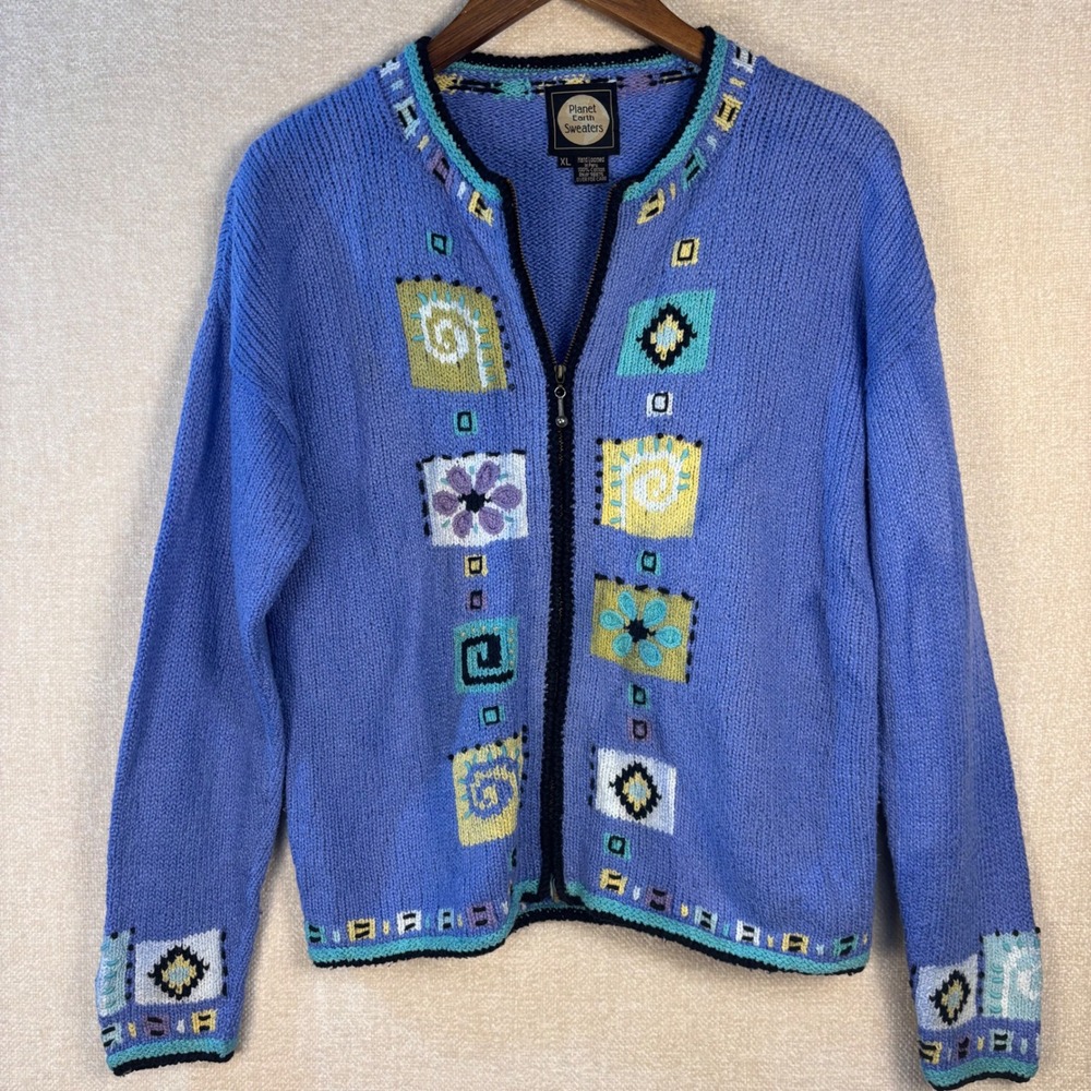 Planet Earth Sweaters Blue Cotton Hand Loomed Zip Cardigan XL Fits Medium Peru